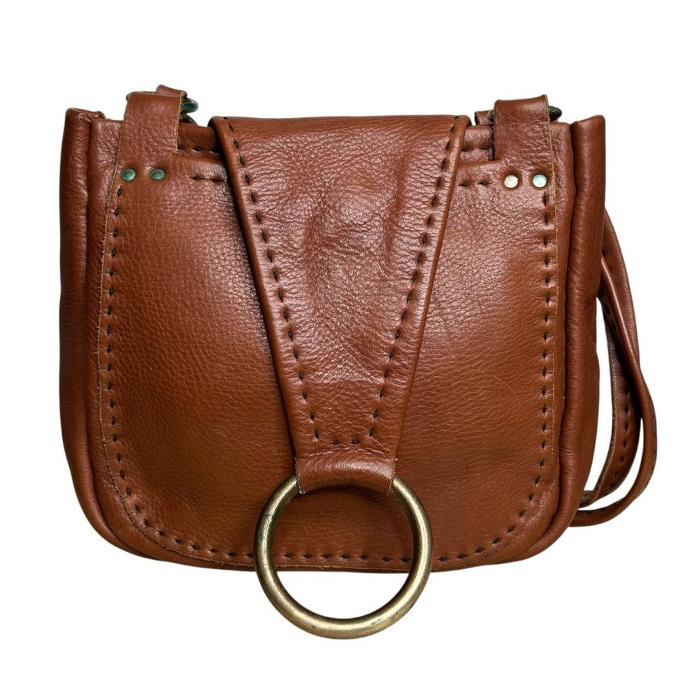 Vintage Leather Handbag Brown Retro Flap Brass Ring Whipstitch Heavyweight Boho
